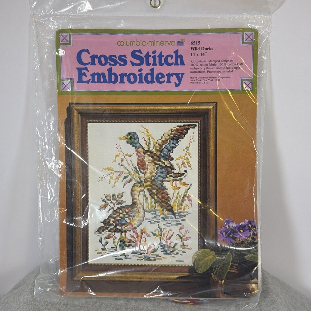 Vintage 1973 Columbia-Minerva Cross Stitch Embroidery Kit - Wild Ducks #6515